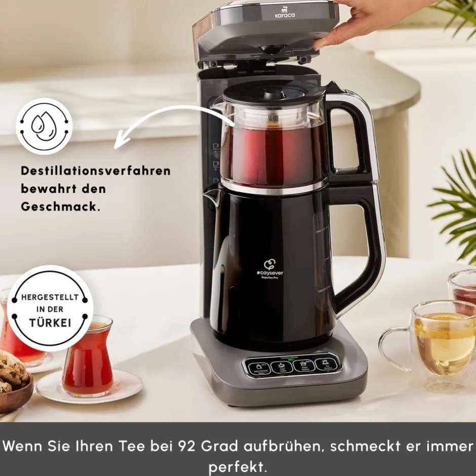 Karaca Teekocher-Caysever Robotea Pro 4 in 1 sprechender automatischer Teekocher Wasserkocher und Filterkaffeemaschine 2500W Space Grau