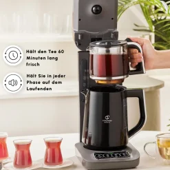 Karaca Teekocher-Caysever Robotea Pro 4 in 1 sprechender automatischer Teekocher Wasserkocher und Filterkaffeemaschine 2500W Space Grau