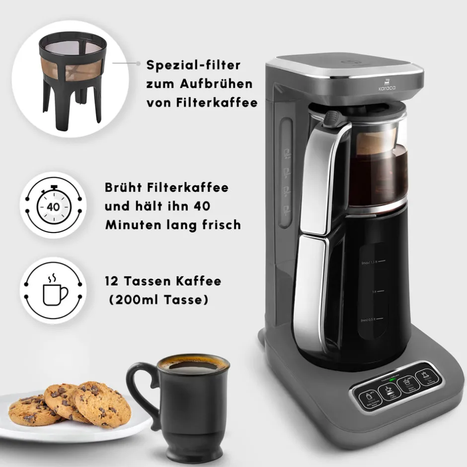 Karaca Teekocher-Caysever Robotea Pro 4 in 1 sprechender automatischer Teekocher Wasserkocher und Filterkaffeemaschine 2500W Space Grau