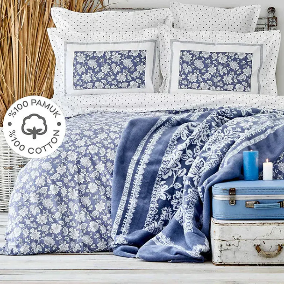 Karaca Bettwäsche-Celerina Bettwäsche-Set aus 100 % türkischer Baumwolle, Doppelbett, Blau