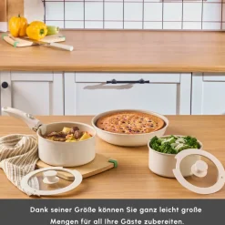 Karaca Keramiktöpfe-Set-Comfort 6-teiliges Keramik-Kochgeschirrset mit abnehmbaren Griffen Krem