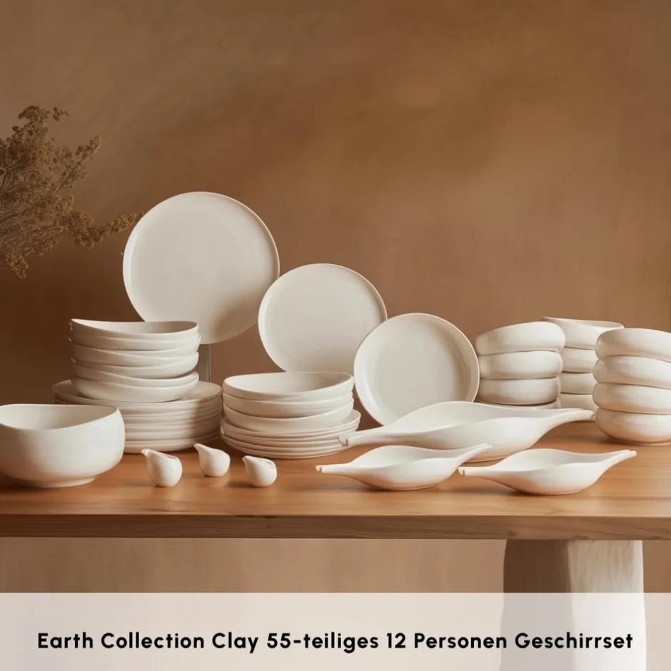 Karaca Tafelservice Für 12 Personen-Earth Collection Clay 55-teiliges 12 Personen Geschirrset Weıß01