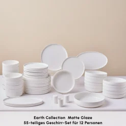 Karaca Tafelservice Für 12 Personen-Earth Collection Matte Glaze 55-teiliges 12-Personen Geschirrset Weıß01