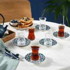 Karaca Teegläser Sets-Edirne 12-teiliges Bone-China Türkisches Teeset für 6 Personen, 130 ml, Mehrfarbig