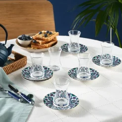 Karaca Teegläser Sets-Edirne 12-teiliges Bone-China Türkisches Teeset für 6 Personen, 130 ml, Mehrfarbig