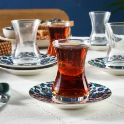 Karaca Teegläser Sets-Edirne 12-teiliges Bone-China Türkisches Teeset für 6 Personen, 130 ml, Mehrfarbig