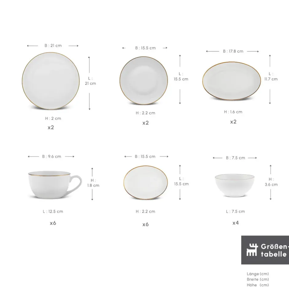 Karaca Frühstücksgeschirr|Frühstücksset Für 6 Personen-Elegance Bone Marcelo 26-Teiliges 6-Personen Frühstücksset Gold