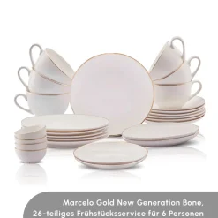 Karaca Frühstücksgeschirr|Frühstücksset Für 6 Personen-Elegance Bone Marcelo 26-Teiliges 6-Personen Frühstücksset Gold