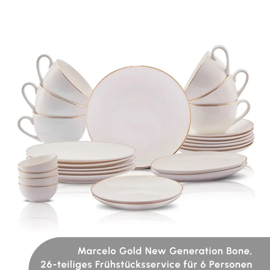 Karaca Frühstücksgeschirr|Frühstücksset Für 6 Personen-Elegance Bone Marcelo 26-Teiliges 6-Personen Frühstücksset Gold