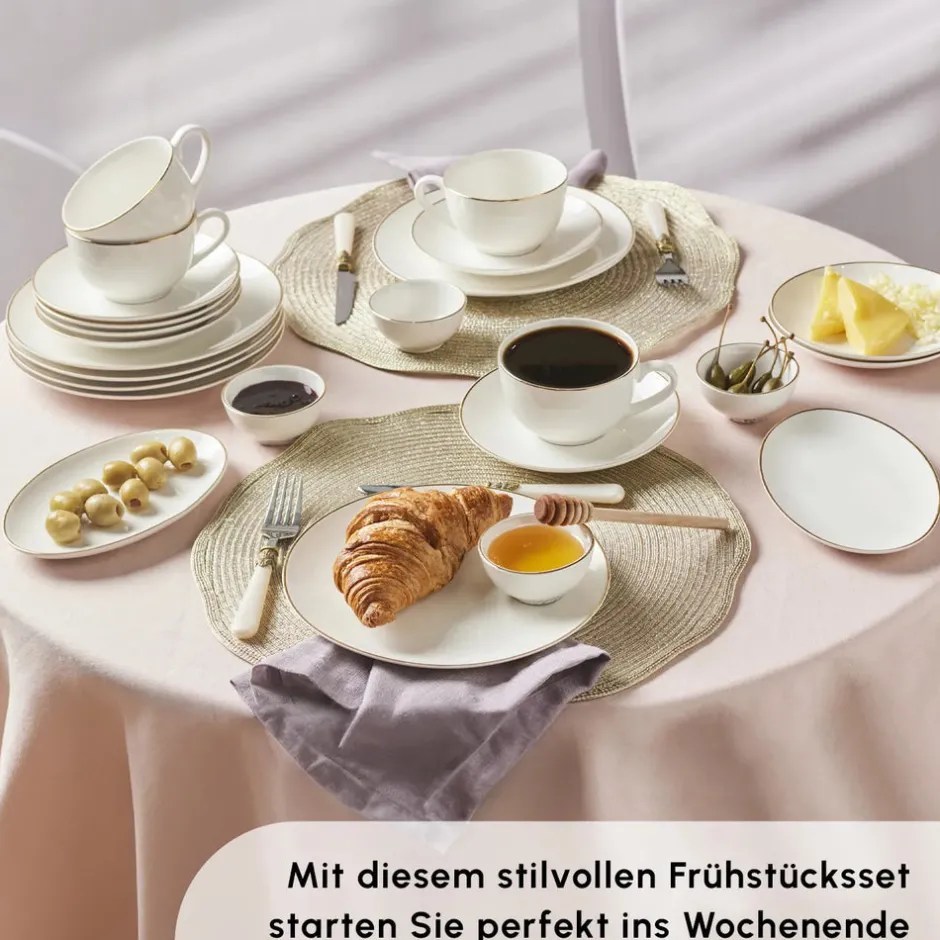 Karaca Frühstücksgeschirr|Frühstücksset Für 6 Personen-Elegance Bone Marcelo 26-Teiliges 6-Personen Frühstücksset Gold