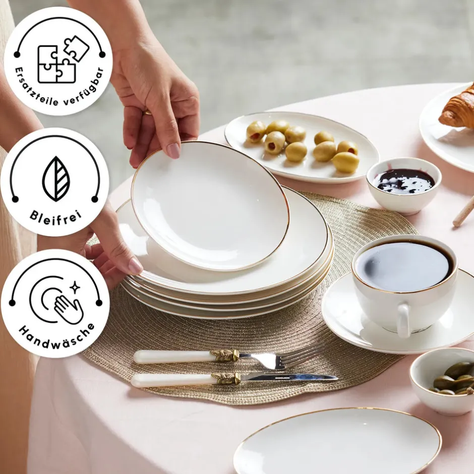 Karaca Frühstücksgeschirr|Frühstücksset Für 6 Personen-Elegance Bone Marcelo 26-Teiliges 6-Personen Frühstücksset Gold