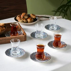 Karaca Teegläser Sets-Emirgan 12-teiliges Türkisches Teeset aus Bone China für 6 Personen, 130 ml, Mehrfarbig