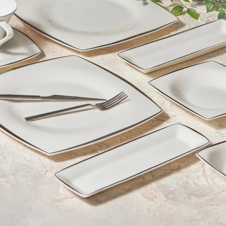 Karaca Frühstücksset Für 6 Personen-Fine Pearl Agate Platin 26-teiliges Frühstücksset und Servierschalen für 6 Personen Quadratisch Platın