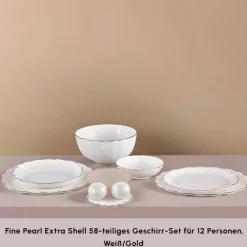 Karaca Tafelservice Für 12 Personen-Fine Pearl Extra Shell 58 Stück 12 Sitzer Dinner Set Gold