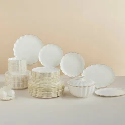 Karaca Tafelservice Für 12 Personen-Fine Pearl Extra Shell 55-teiliges 12-Personen Geschirrset Gold