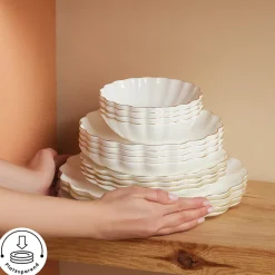 Karaca Tafelservice Für 12 Personen-Fine Pearl Extra Shell 55-teiliges 12-Personen Geschirrset Gold