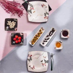 Karaca Frühstücksset Für 6 Personen-Fine Pearl Unique 14-teiliges quadratisches Frühstücksset und Servierschalen für 6 Personen Multıfarben
