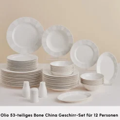 Karaca Tafelservice Für 12 Personen-Forever Bone China New Olio 53-teiliges Tafelservice für 12 Personen, Weiß Beyaz