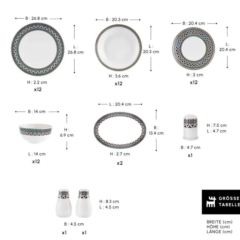 Karaca Tafelservice Für 12 Personen-Forever Bone New Cordoba 53-Teiliges 12-Personen Geschirrset Multıcolor