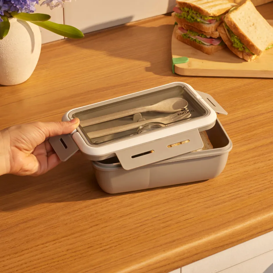 Karaca Vorratsbehälter-Fusca Lunchbox mit Gabel und Löffel Grau