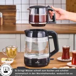 Karaca Teekocher-Glass Tea XL 2 in 1 Glas-Teemaschine Space Gray Space Grau