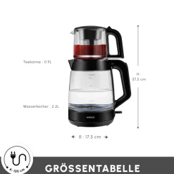 Karaca Teekocher-Glass Tea XL 2 in 1 Glas-Teemaschine Shiny Black Glänzend Schwarz