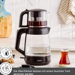 Karaca Teekocher-Glass Tea XL 2 in 1 Glas-Teemaschine Shiny Black Glänzend Schwarz
