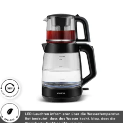 Karaca Teekocher-Glass Tea XL 2 in 1 Glas-Teemaschine Shiny Black Glänzend Schwarz