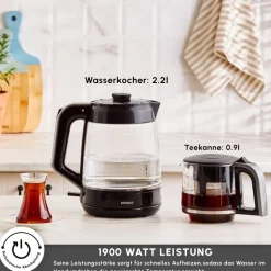 Karaca Teekocher-Glass Tea XL 2 in 1 Glas-Teemaschine Shiny Black Glänzend Schwarz