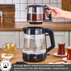 Karaca Teekocher-Glass Tea XL 2 in 1 Glas-Teemaschine Shiny Black Glänzend Schwarz