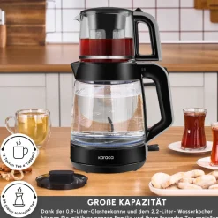 Karaca Teekocher-Glass Tea XL 2 in 1 Glas-Teemaschine Shiny Black Glänzend Schwarz