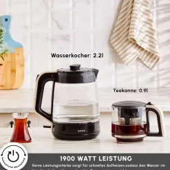 Karaca Teekocher-Glass Tea XL 2in1 Glas-Teezubereiter und Wasserkocher Creme Cream
