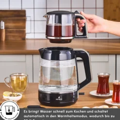 Karaca Teekocher-Glass Tea XL 2in1 Glas-Teezubereiter und Wasserkocher Creme Cream