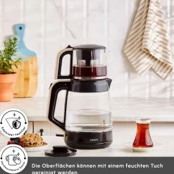 Karaca Teekocher-Glass Tea XL 2in1 Glas-Teezubereiter und Wasserkocher Creme Cream