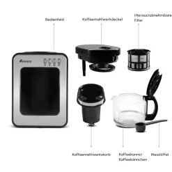 Karaca Kaffeemaschinen|Filter Kaffeemaschine-Grindmaestro Filter-Kaffeemaschine mit Eingebaute Kaffeemühle, 0,5L, 600W, Inox Grau02