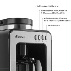 Karaca Kaffeemaschinen|Filter Kaffeemaschine-Grindmaestro Filter-Kaffeemaschine mit Eingebaute Kaffeemühle, 0,5L, 600W, Inox Grau02