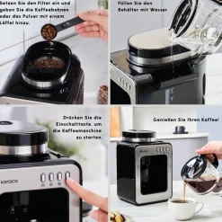 Karaca Kaffeemaschinen|Filter Kaffeemaschine-Grindmaestro Filter-Kaffeemaschine mit Eingebaute Kaffeemühle, 0,5L, 600W, Inox Grau02