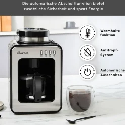 Karaca Kaffeemaschinen|Filter Kaffeemaschine-Grindmaestro Filter-Kaffeemaschine mit Eingebaute Kaffeemühle, 0,5L, 600W, Inox Grau02