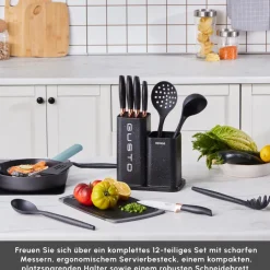 Karaca Messersets-Gusto Schwarzes 12-teiliges Messer-/Schneidebrett-Set Schwarz01