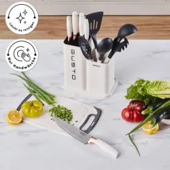 Karaca Messersets-Gusto 12-teiliges Messer-/Schneidebrett-Set in Creme Creme01