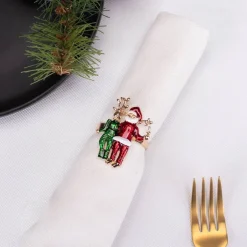 Karaca Serviette & Serviettenhalter-Home Hirsch und Weihnachtsmann 2 Stück Serviettenring Gold
