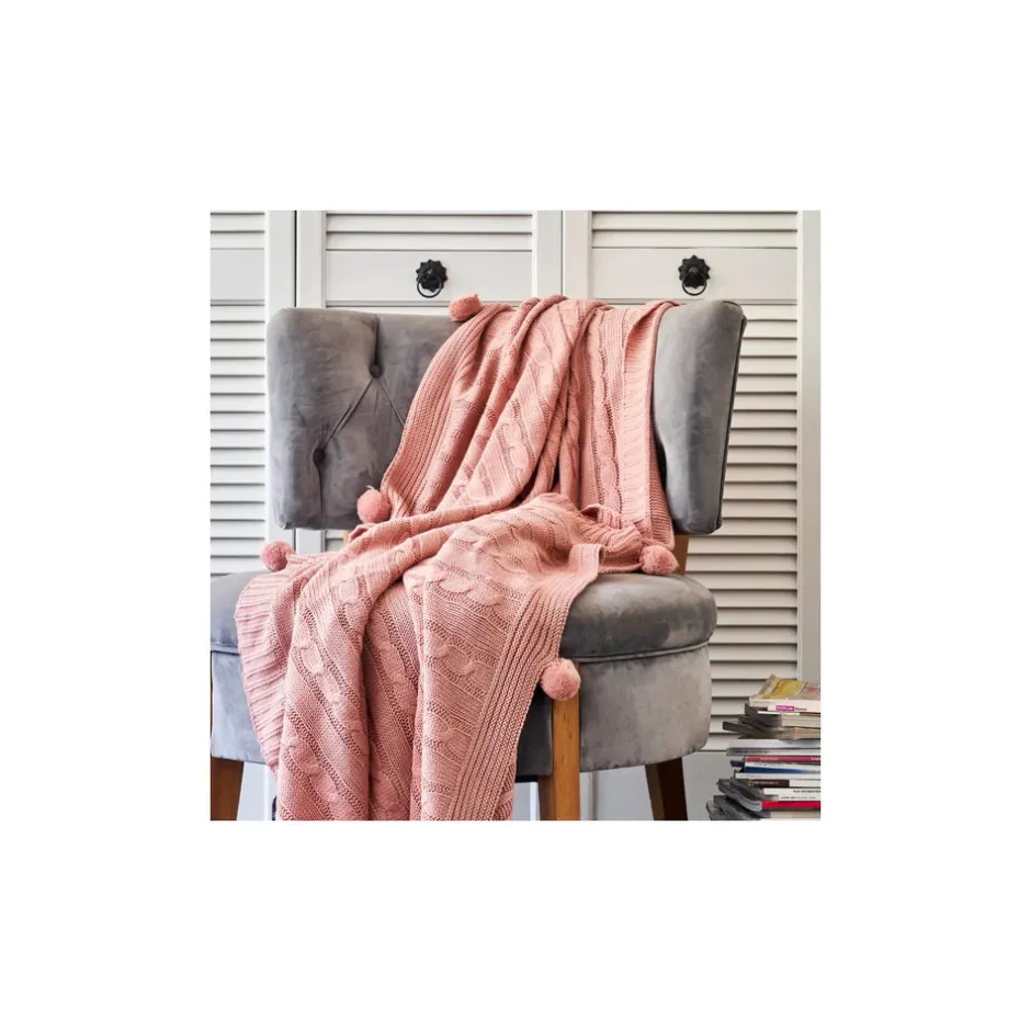 Karaca Decken-Home Kreıdefarbıger Rosa Kabelstrıcker Pompom Leıchter Bettbezug Puder Rosa