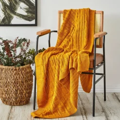 Karaca Decken-Home Ochre Cable Knit Throw Öko-Tex Zertifiziert Oker