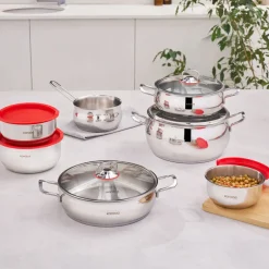 Karaca Stahltopf Sets-Induktions Stahl Kochgeschirr Set mit Gratis Vorratsbehälter, 13 Teilig Farblös