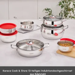 Karaca Stahltopf Sets-Induktions Stahl Kochgeschirr Set mit Gratis Vorratsbehälter, 13 Teilig Farblös