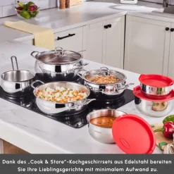 Karaca Stahltopf Sets-Induktions Stahl Kochgeschirr Set mit Gratis Vorratsbehälter, 13 Teilig Farblös
