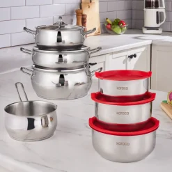 Karaca Stahltopf Sets-Induktions Stahl Kochgeschirr Set mit Gratis Vorratsbehälter, 13 Teilig Farblös
