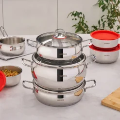 Karaca Stahltopf Sets-Induktions Stahl Kochgeschirr Set mit Gratis Vorratsbehälter, 13 Teilig Farblös