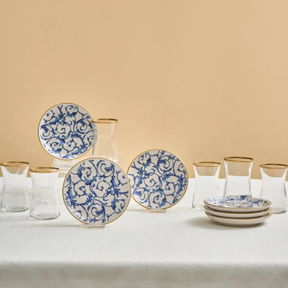 Karaca Teegläser Sets-Mare 12-teiliges Glas-Türkisches Tee-Set für 6 Personen, 170 ml, Transparent Blau01