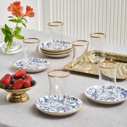 Karaca Teegläser Sets-Mare 12-teiliges Glas-Türkisches Tee-Set für 6 Personen, 170 ml, Transparent Blau01
